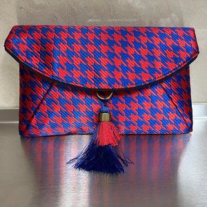 JCrew Red and Blue houndstooth envelope clutch with tassel